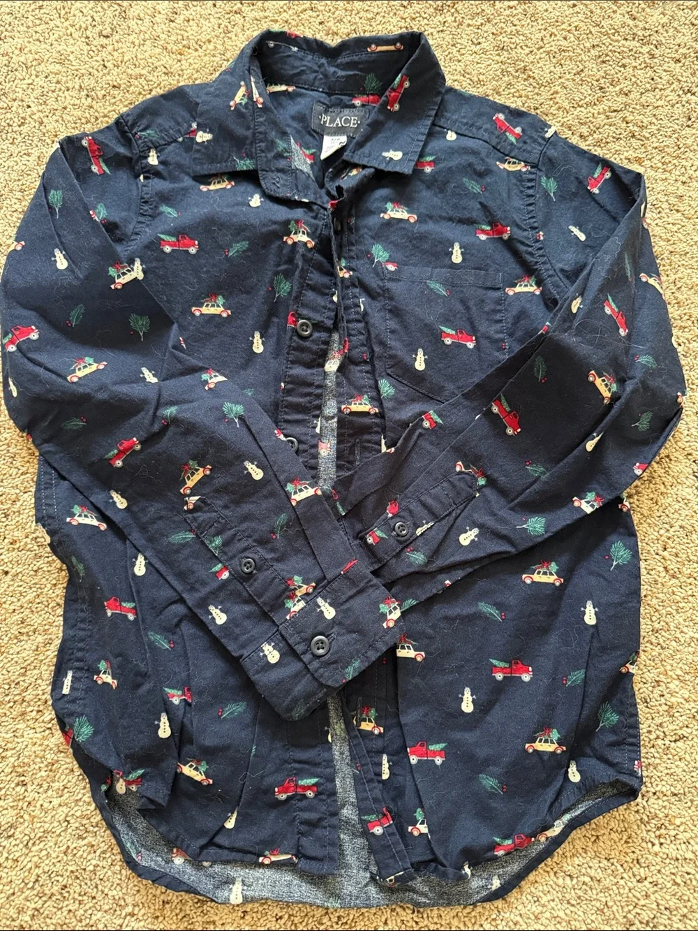 The Children's Place Navy Button-Down Shirt with Holiday Truck Print